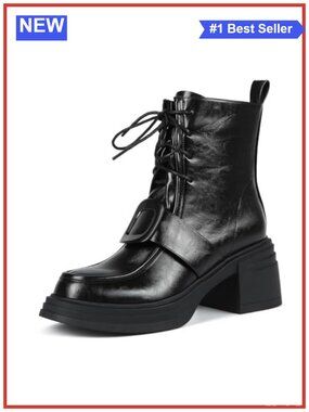 Women's Faux Leather Ankle Boots Chunky Platform Heel Lace Up Round Toe